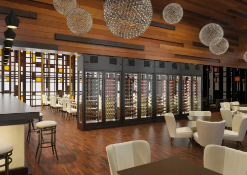 Edenox ENOLUX wine coolers installed in a restaurant dining room